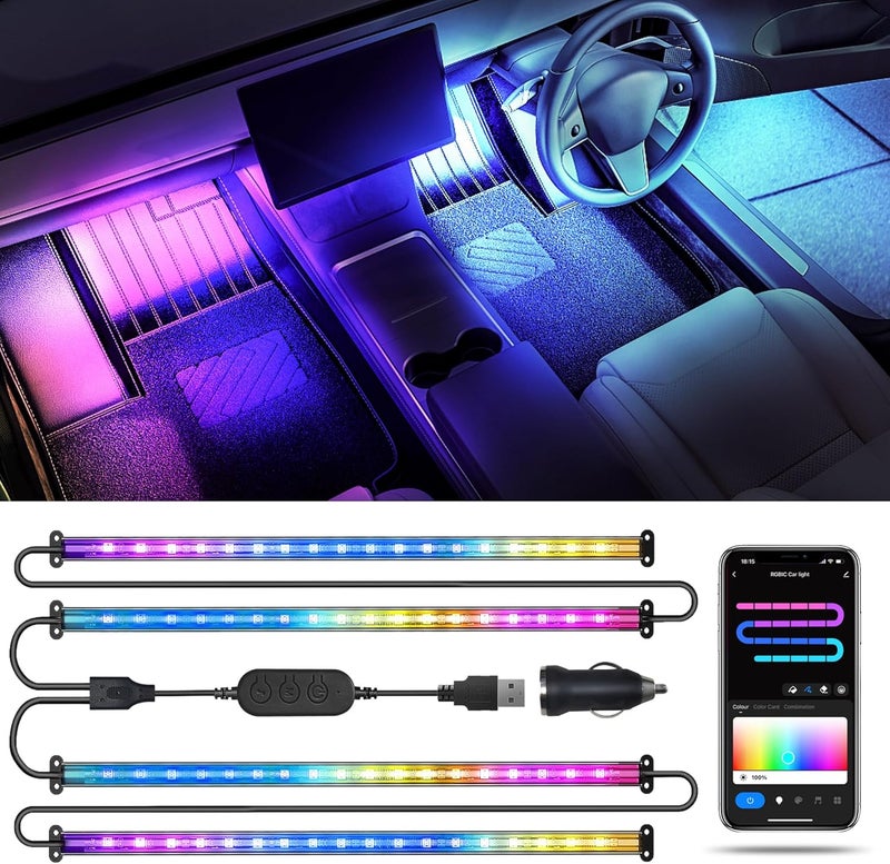 SUNLINKCO RGB+IC Car LED Lights, Smart 72 LED Car Interior Lights with App Control, 16 Million Colors Under Dash Light with Music Mode, Scene Mode, 2 Lines Design Light for Cars SUVs Trucks with Car Charger - Image 1